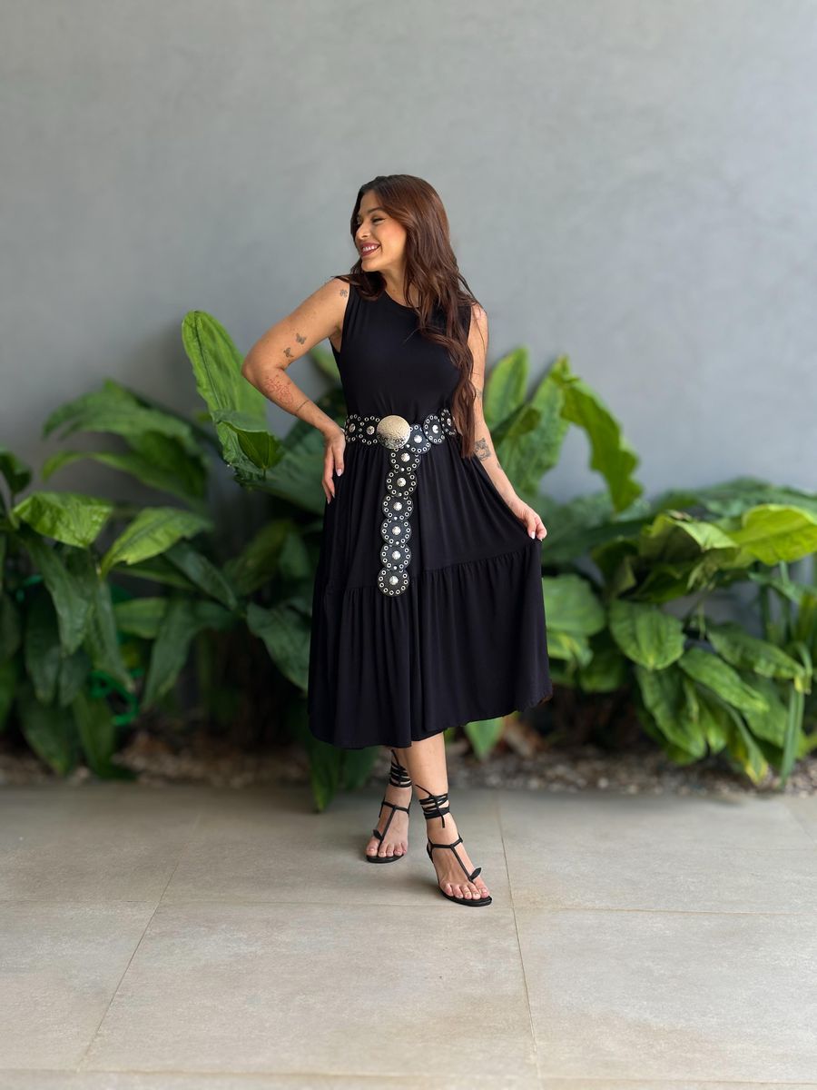 Vestido Midi Malha Babados PRETO