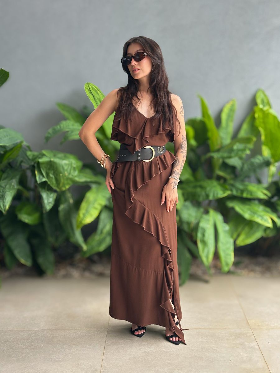 Vestido Midi Valeria Viscolinho MARROM