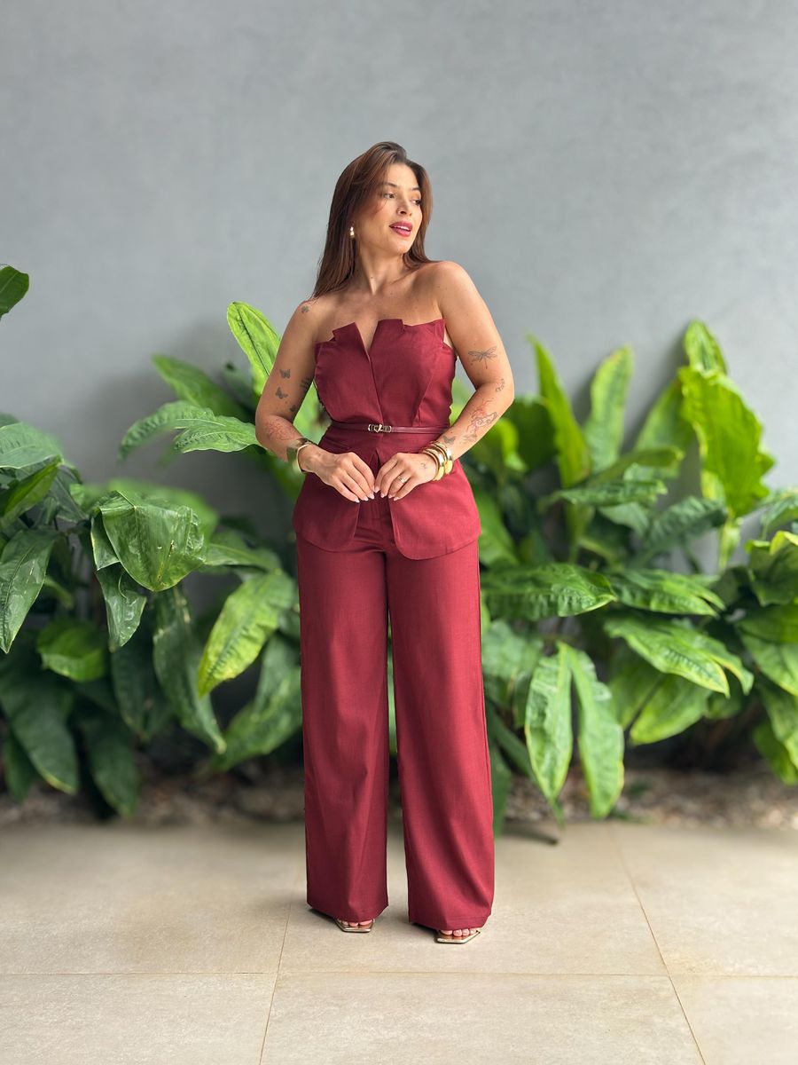 Conjunto Elora Calça Pantalona e Blusa em Alças em Alfaiataria MARSALA