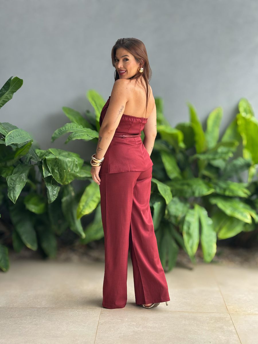 Conjunto Elora Calça Pantalona e Blusa em Alças em Alfaiataria MARSALA