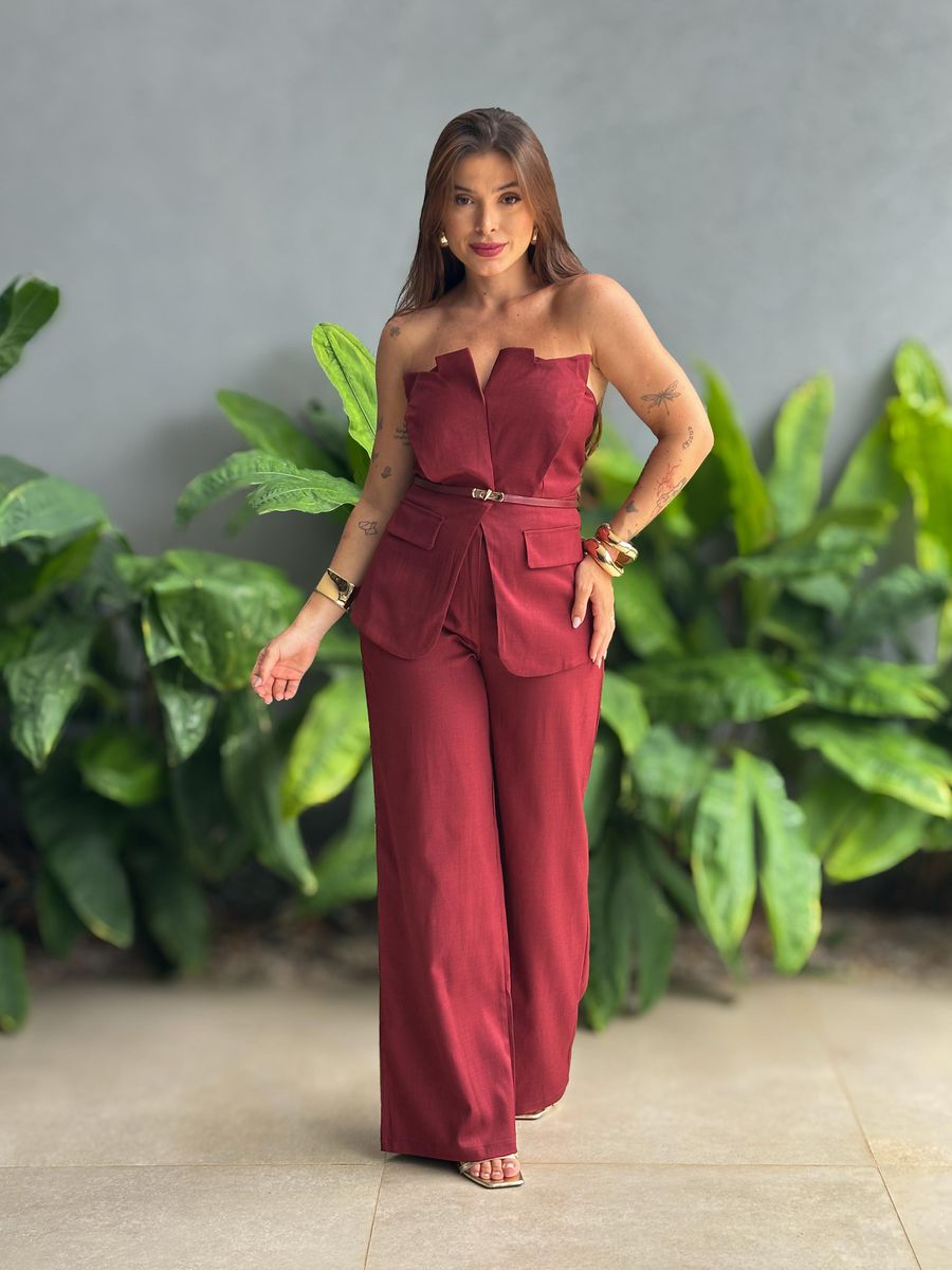 Conjunto Elora Calça Pantalona e Blusa em Alças em Alfaiataria MARSALA