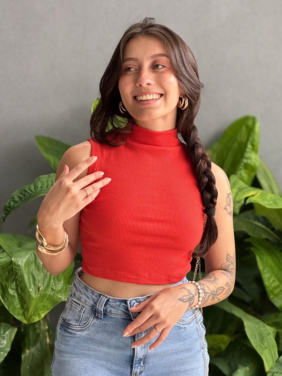 Cropped Vitoria Canelado Gola Alta TERRACOTA