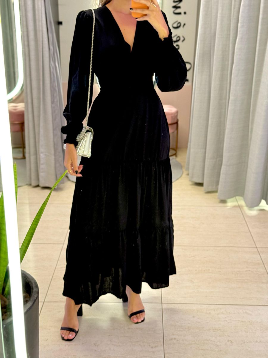VESTIDO MANGA LONGA VALENTINA PRETO LISO