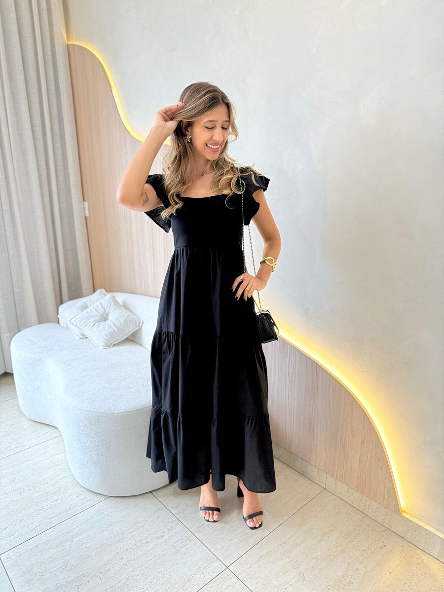 VESTIDO TRICOLINE BABADOS PRETO