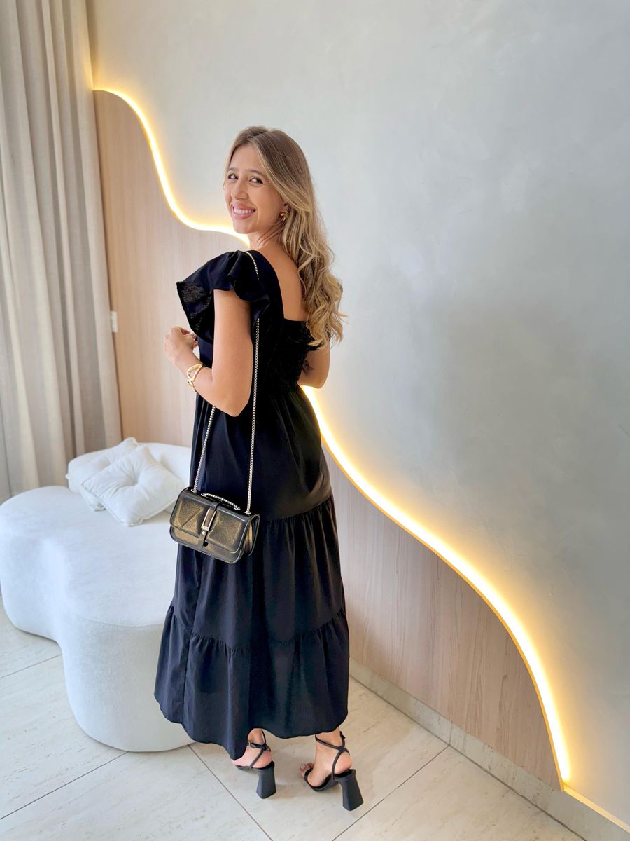 VESTIDO TRICOLINE BABADOS PRETO