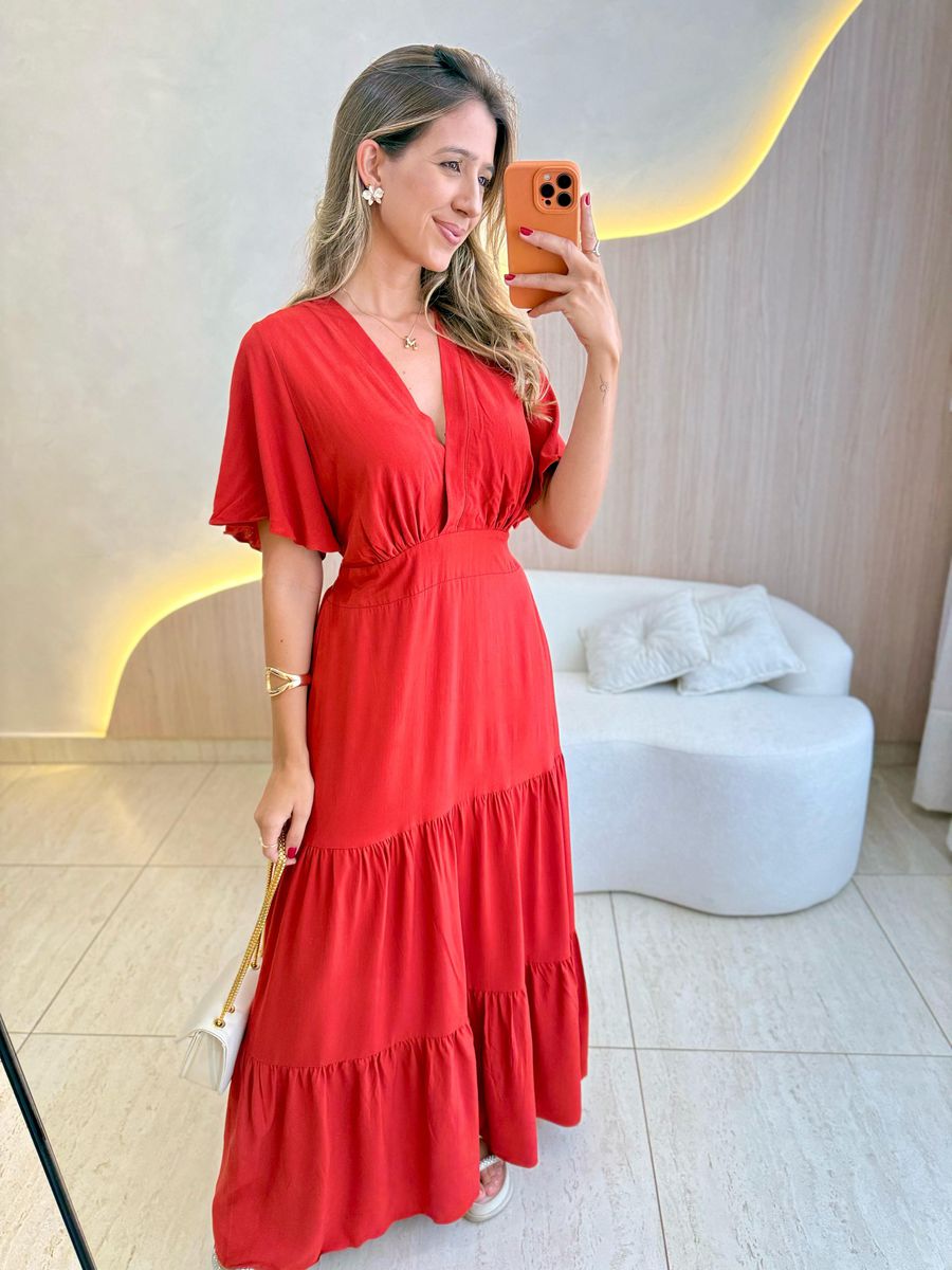 VESTIDO VALENTINA MANGA CURTA TERRACOTA LISO