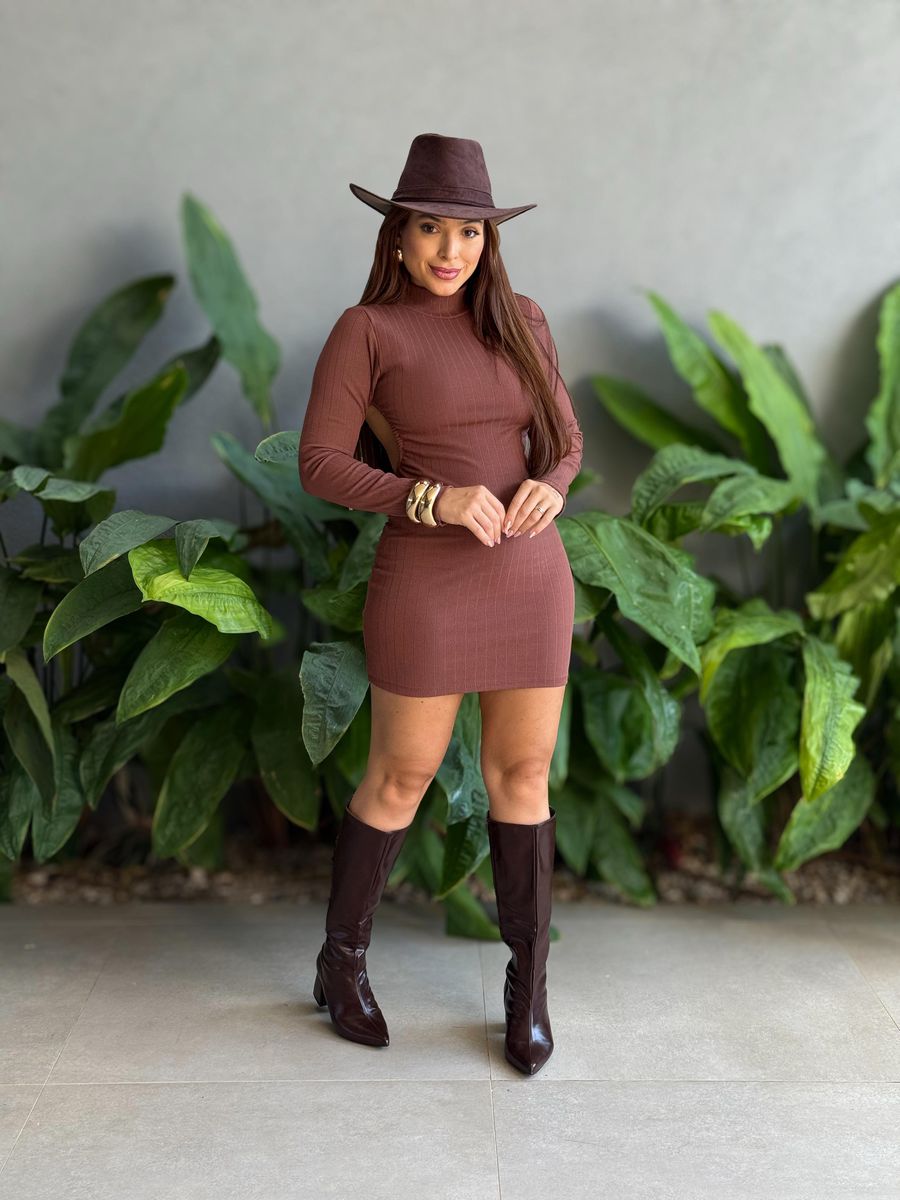 Vestido Glenda Manga Longa em Malha Ribana Premium MARROM