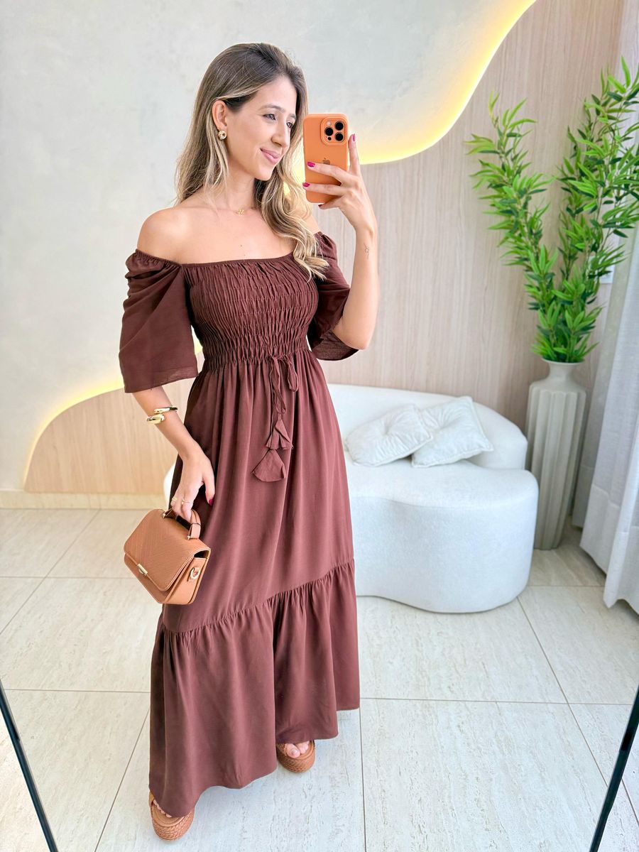 VESTIDO FERNANDA MANGA CURTA MARROM LISO
