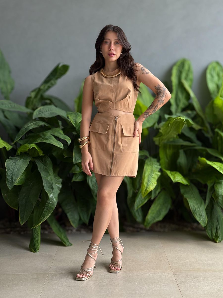 Conjunto Saia e Cropped Angela BEGE