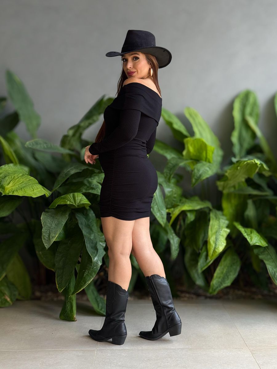 Vestido Curto Canelado Pala Ombro a Ombro PRETO