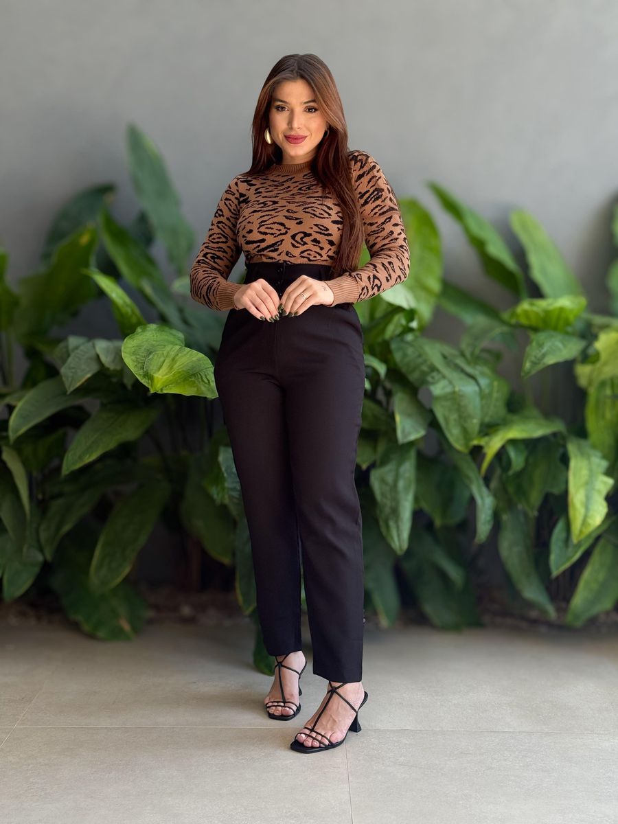 Tricot Manga Longa Animal Print MARROM CLARO COM PRETO
