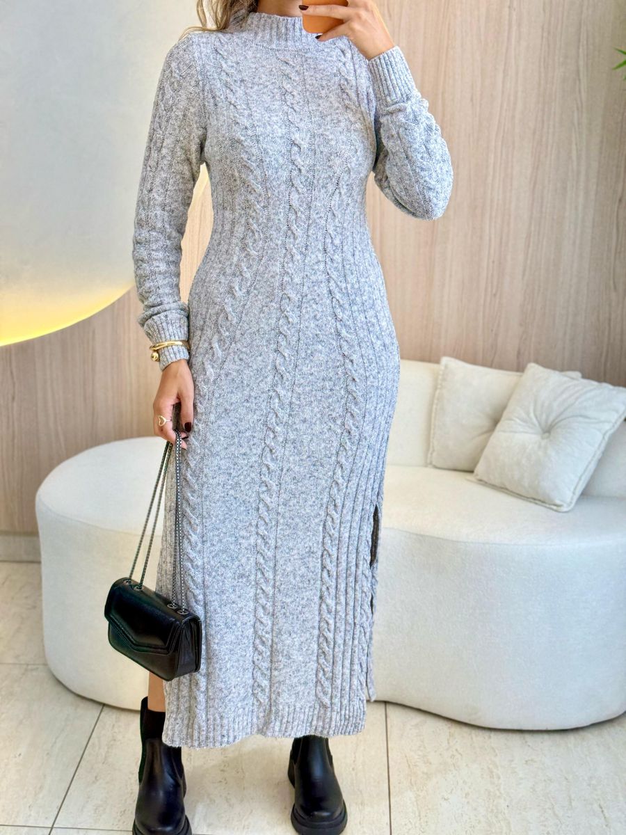 VESTIDO MIDI TRICOT MOUSSE CINZA