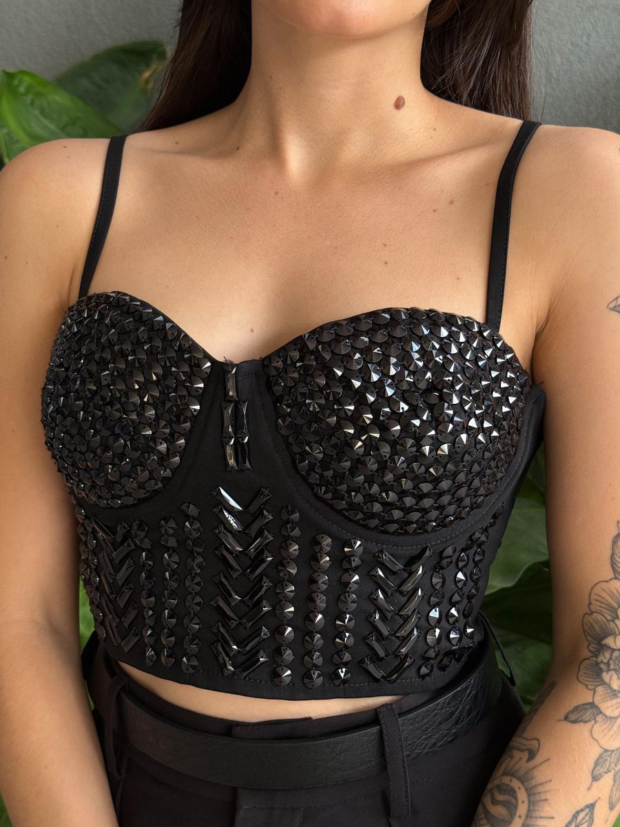 Top Bordado em Pedrarias PRETO