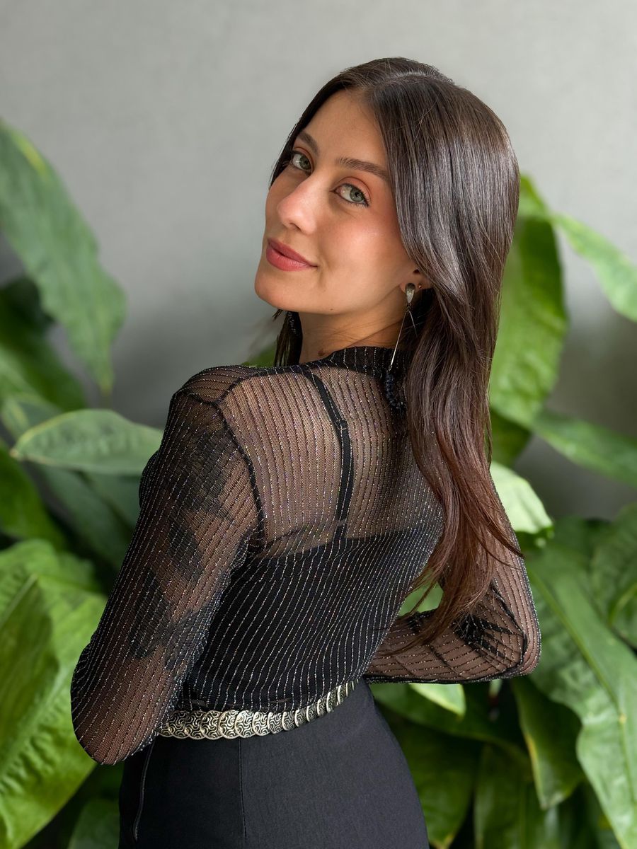 Body Lurex em Tule Manga Longa PRETO