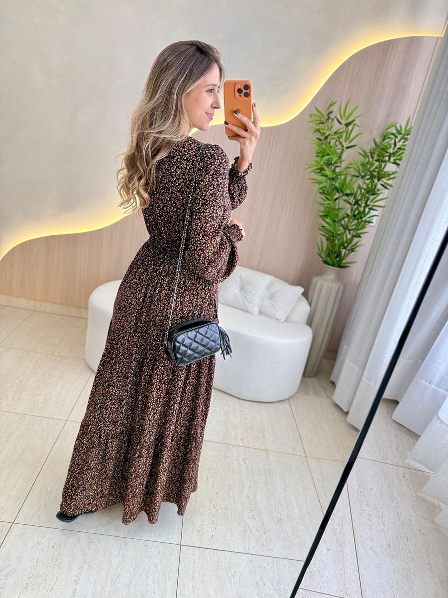 VESTIDO MANGA LONGA VALENTINA PRETO/LARANJA