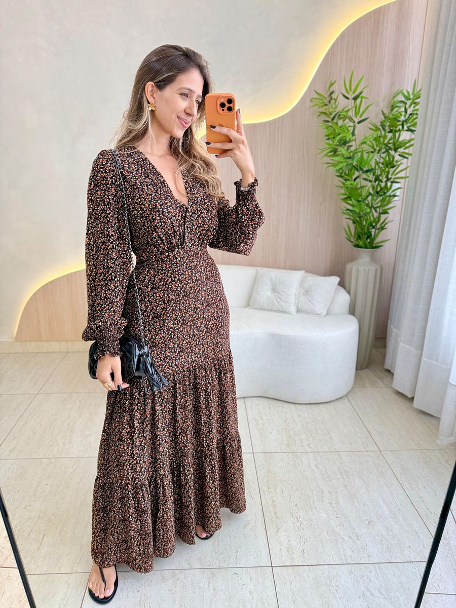 VESTIDO MANGA LONGA VALENTINA PRETO/LARANJA