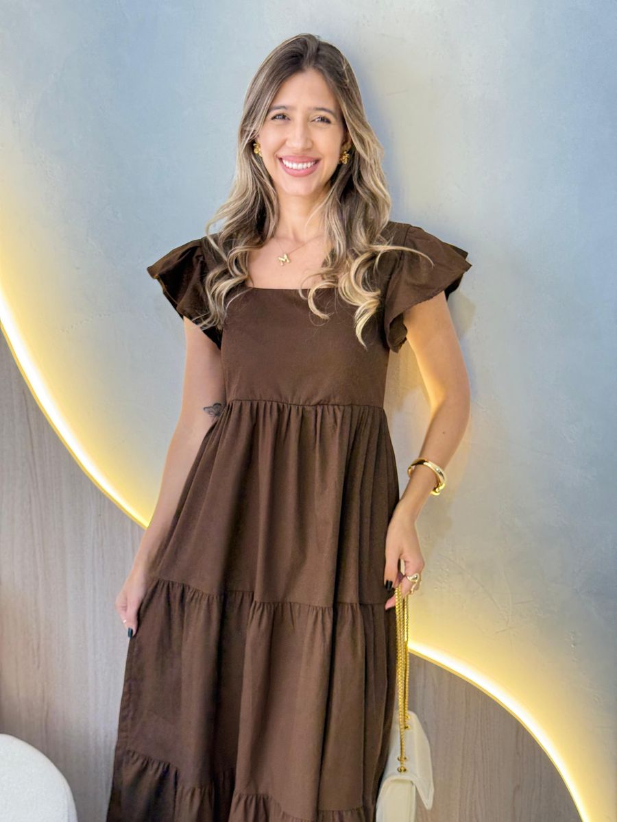 VESTIDO TRICOLINE BABADOS MARROM ESCURO