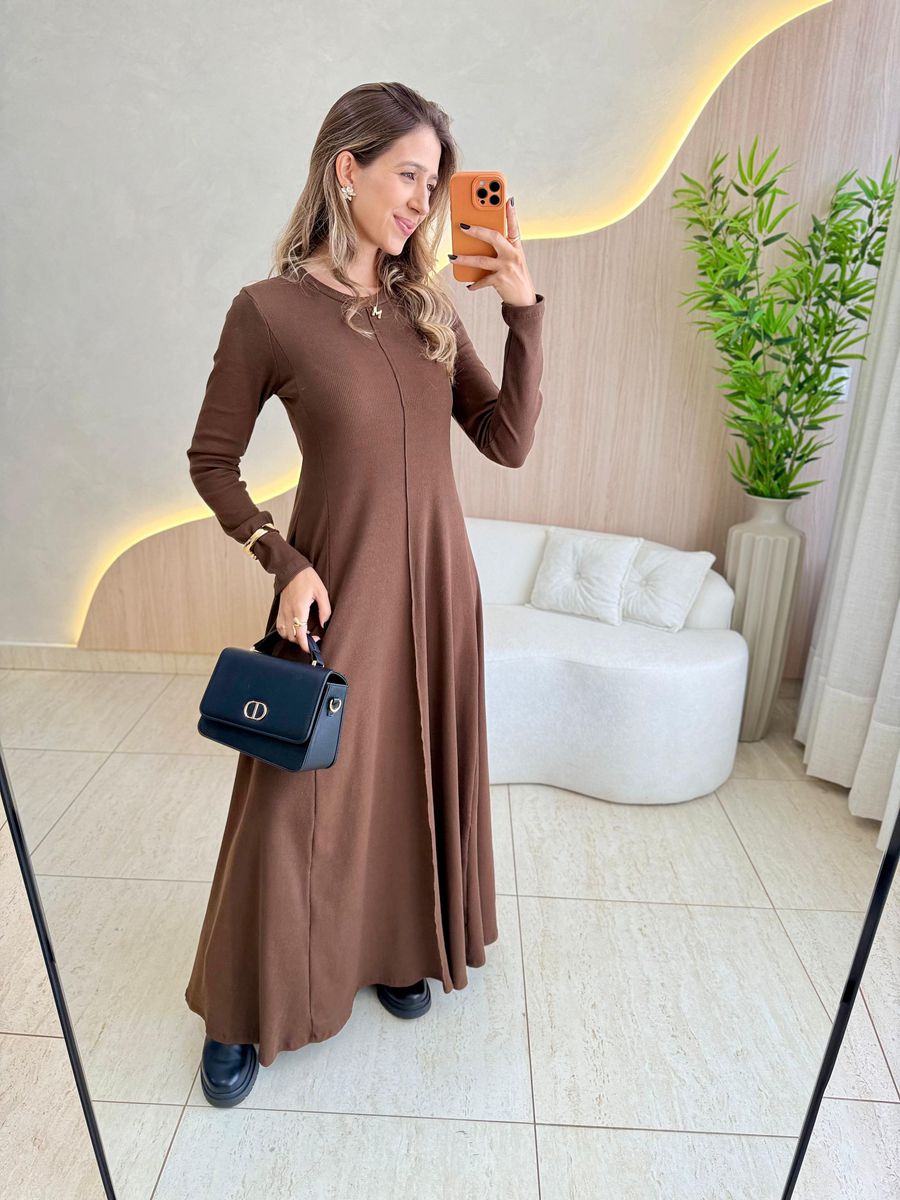 VESTIDO YASMIN CANELADO MANGA LONGA CAFÉ