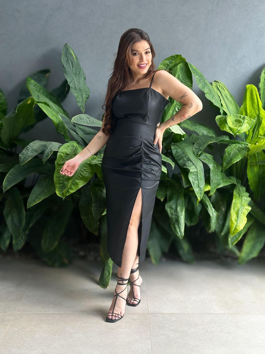 Vestido Midi em Couro Fake Drapeado PRETO