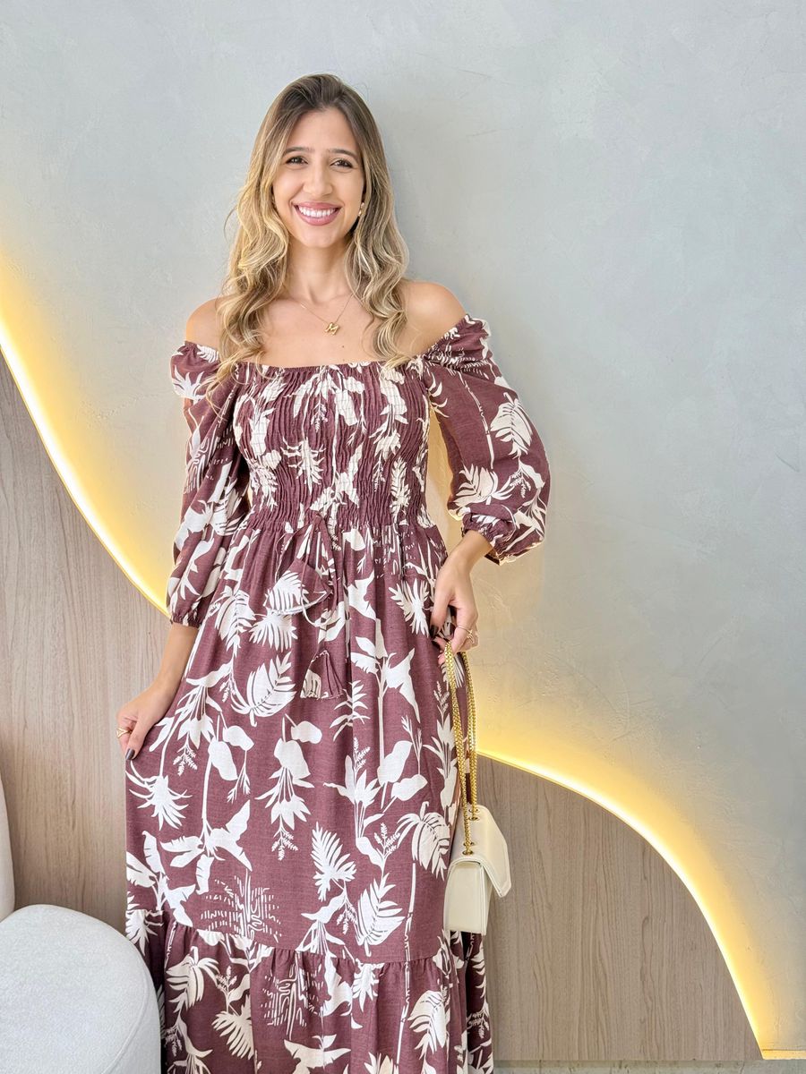 VESTIDO MIDI FERNANDA MARROM CLARO ESTAMPADO