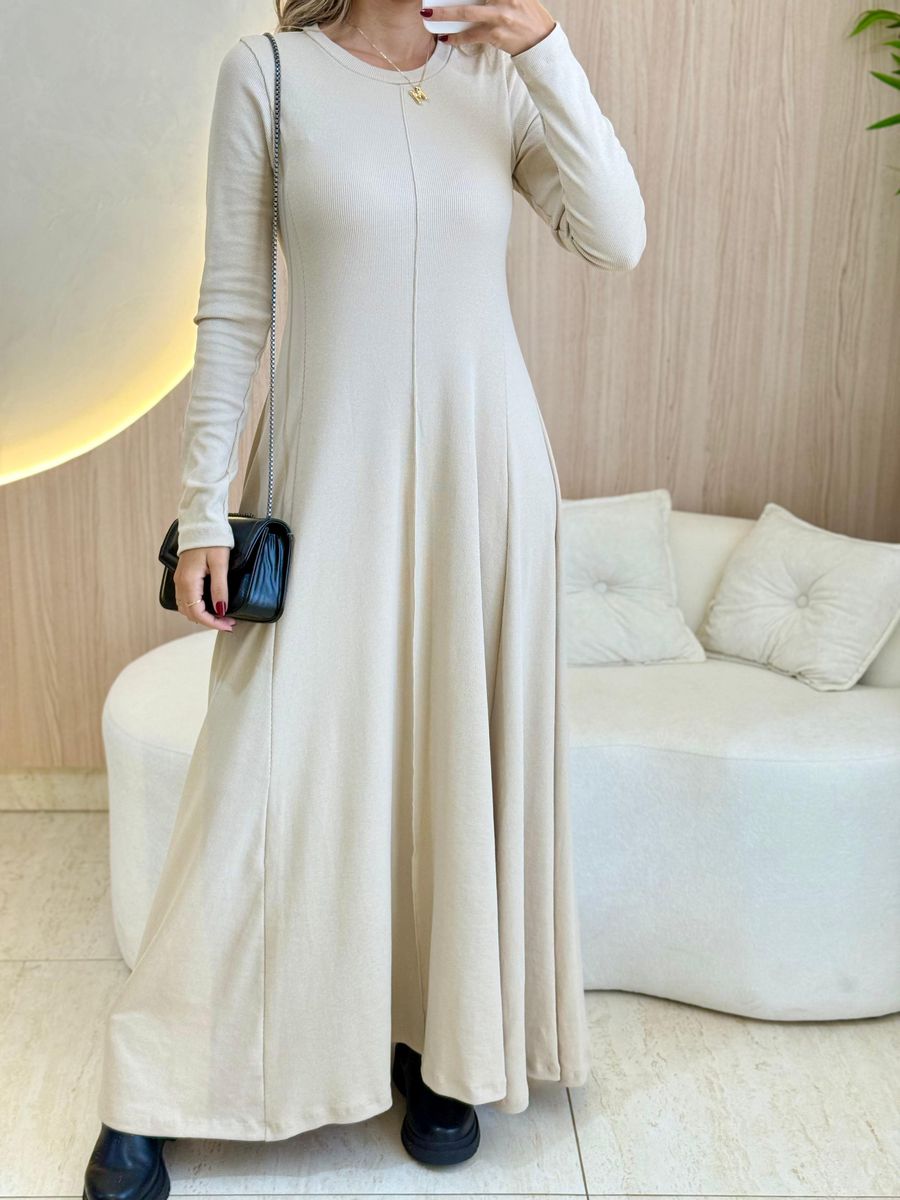 VESTIDO YASMIN CANELADO MANGA LONGA AREIA