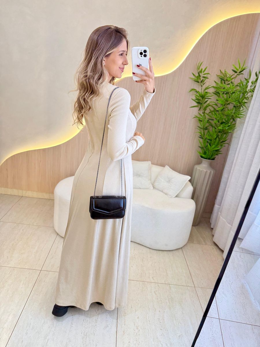 VESTIDO YASMIN CANELADO MANGA LONGA AREIA