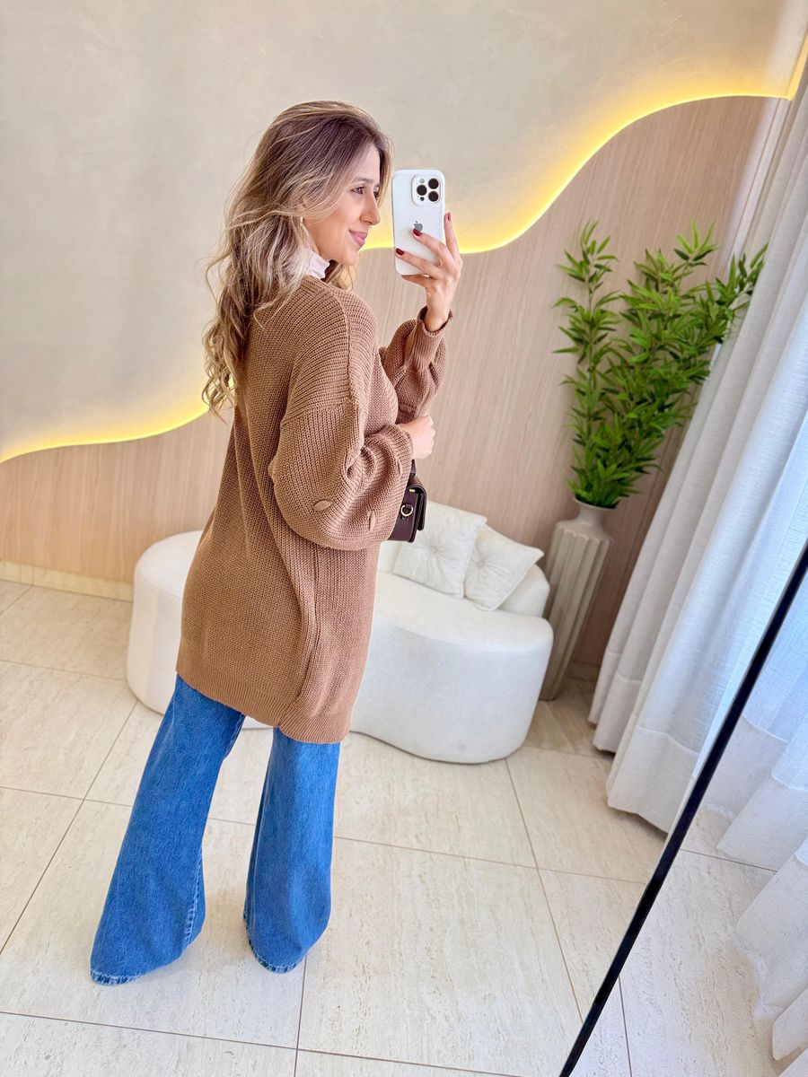 BLUSA CARDIGAN MANGA LONGA SUELEN MARROM CLARO