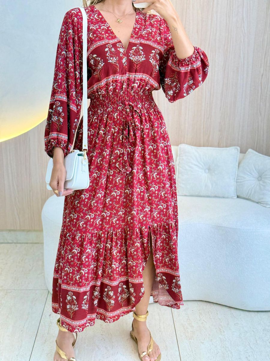 VESTIDO MIDI VANESSA MARSALA FLORIDO