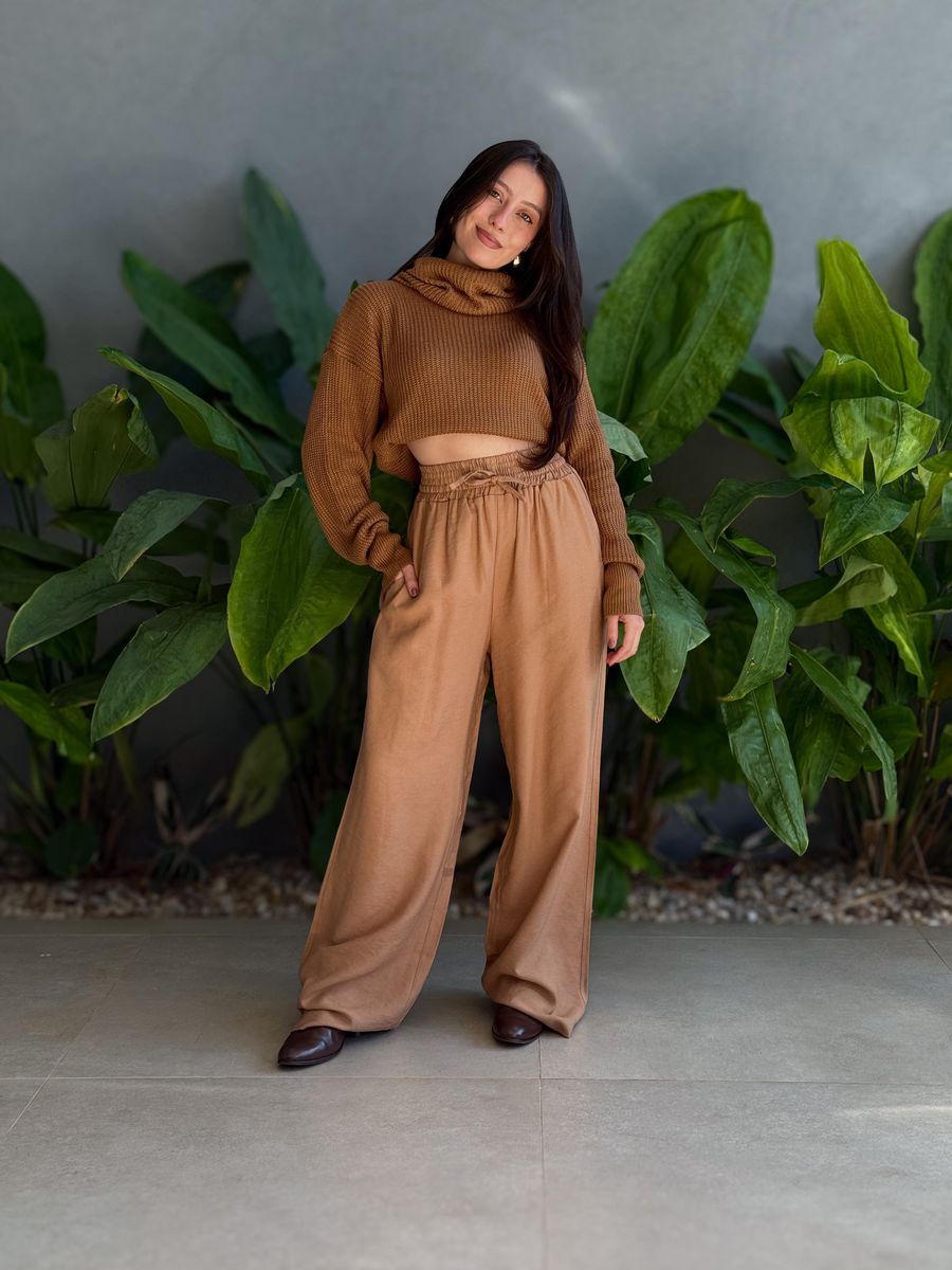 Calça Pantalona Leila com Elástico no cós BEGE ESCURO