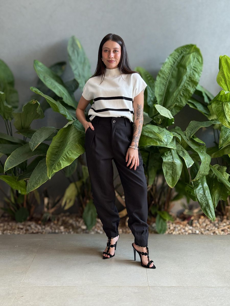 Blusa Marina Em Tricot Listrado BRANCO COM PRETO