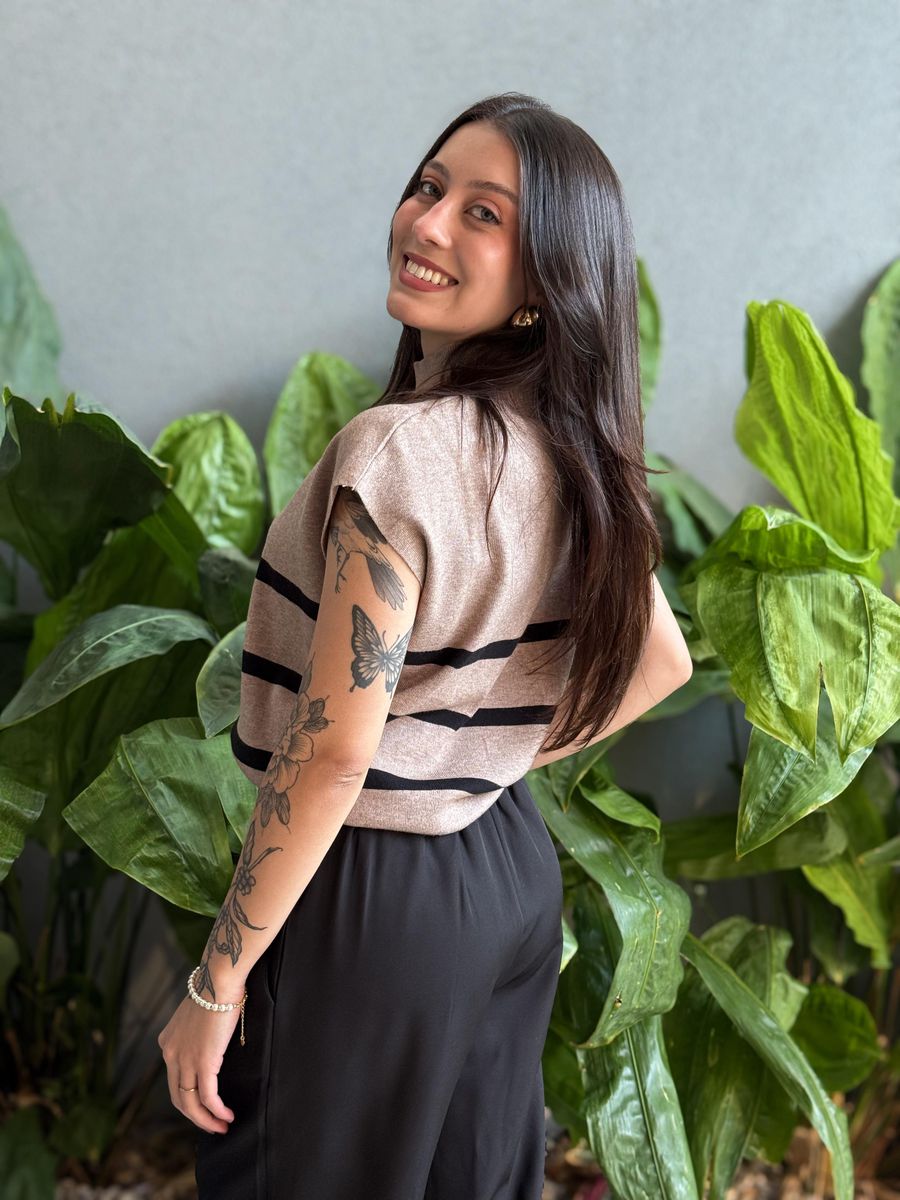 Blusa Marina Em Tricot Listrado BEGE COM PRETO