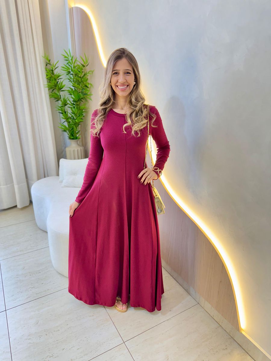 VESTIDO YASMIN CANELADO MANGA LONGA MARSALA