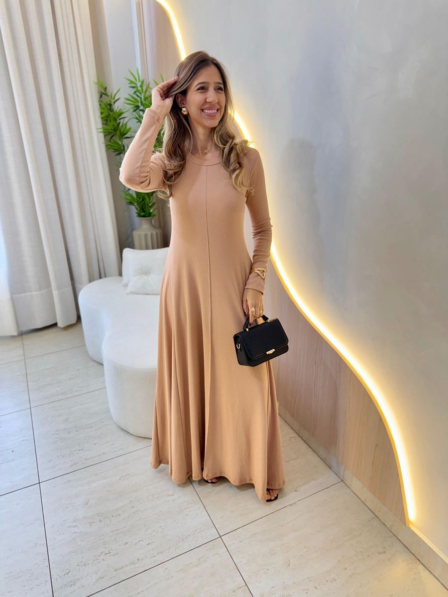 VESTIDO YASMIN CANELADO MANGA LONGA NUDE