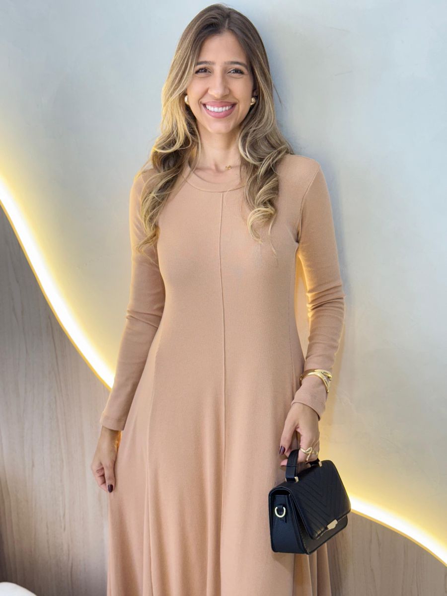 VESTIDO YASMIN CANELADO MANGA LONGA NUDE