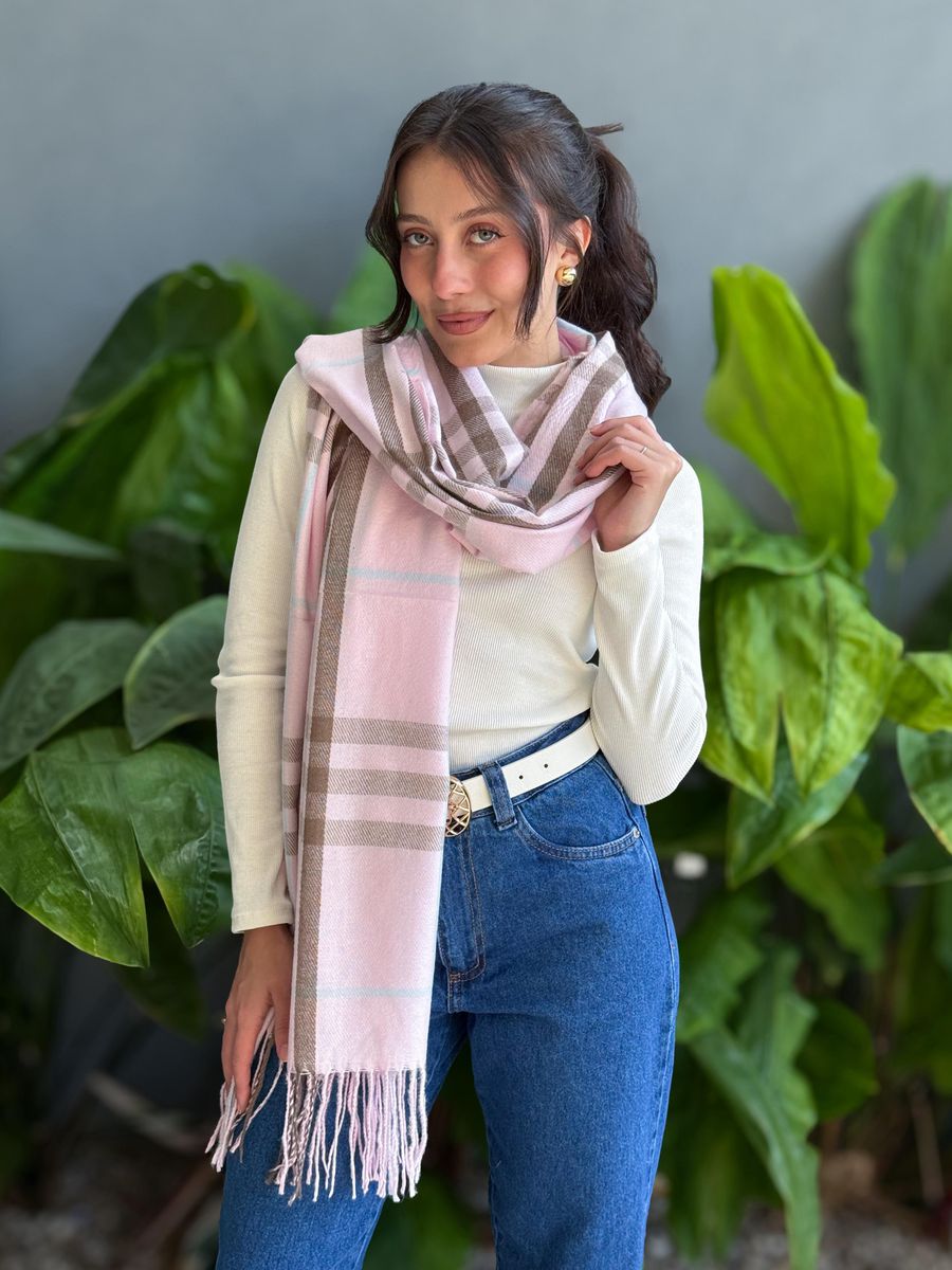 Cachecol em Lã XADREZ ROSA COM CINZA