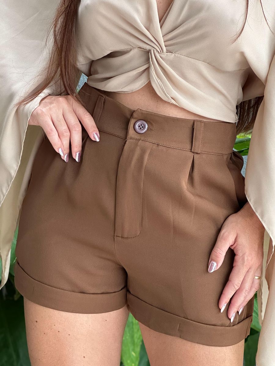 Shorts em Alfaiataria com Elástico no cós MARROM