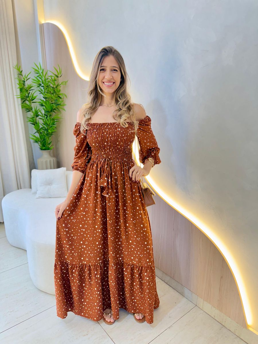 VESTIDO MIDI FERNANDA MARROM FLORZINHA