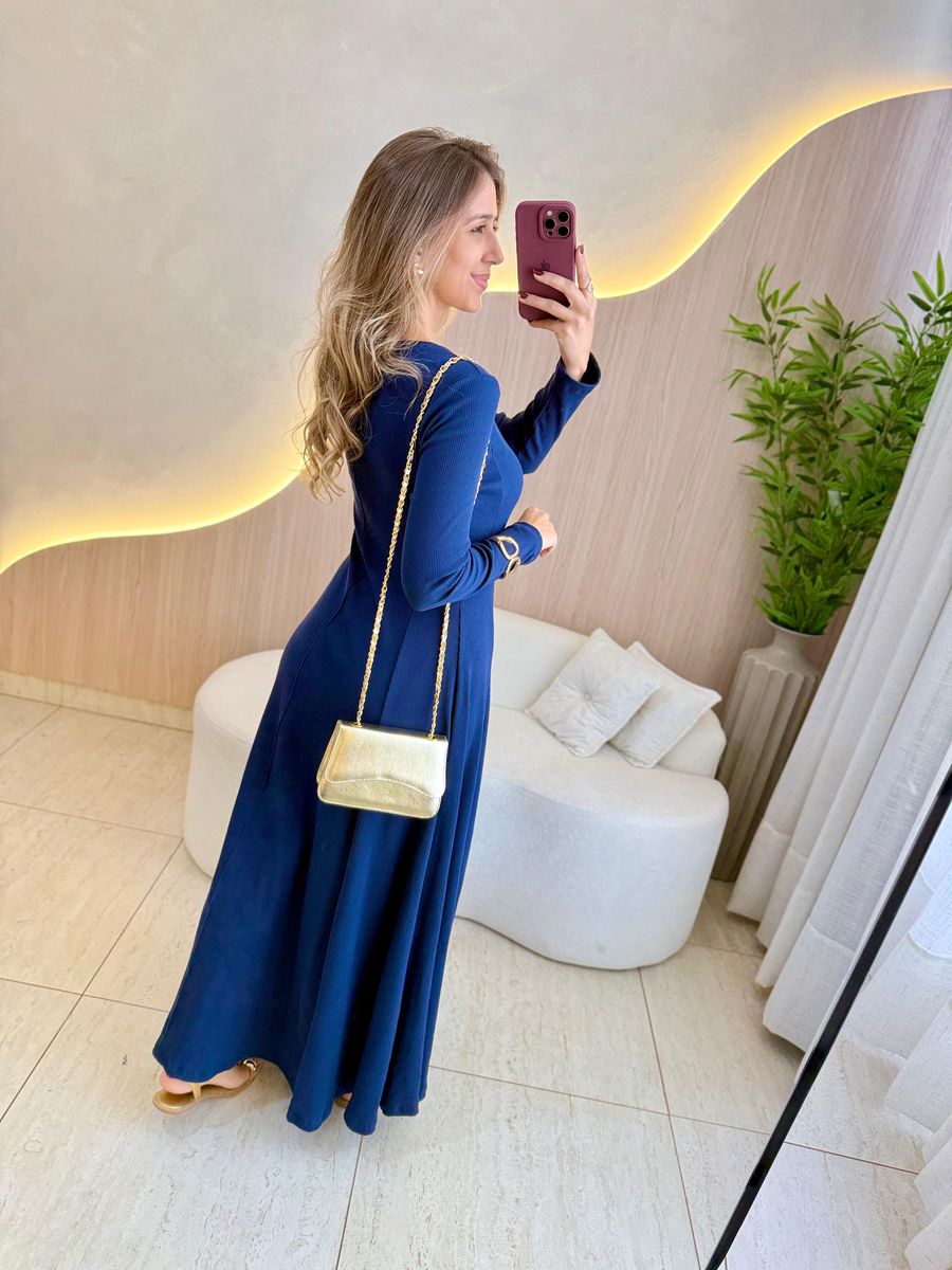 VESTIDO YASMIN CANELADO MANGA LONGA AZUL MARINHO