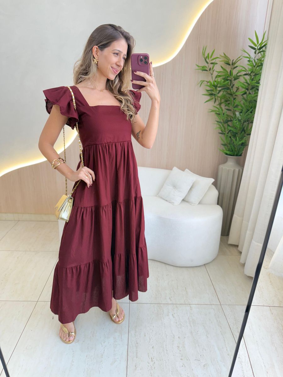 VESTIDO TRICOLINE BABADOS MARSALA