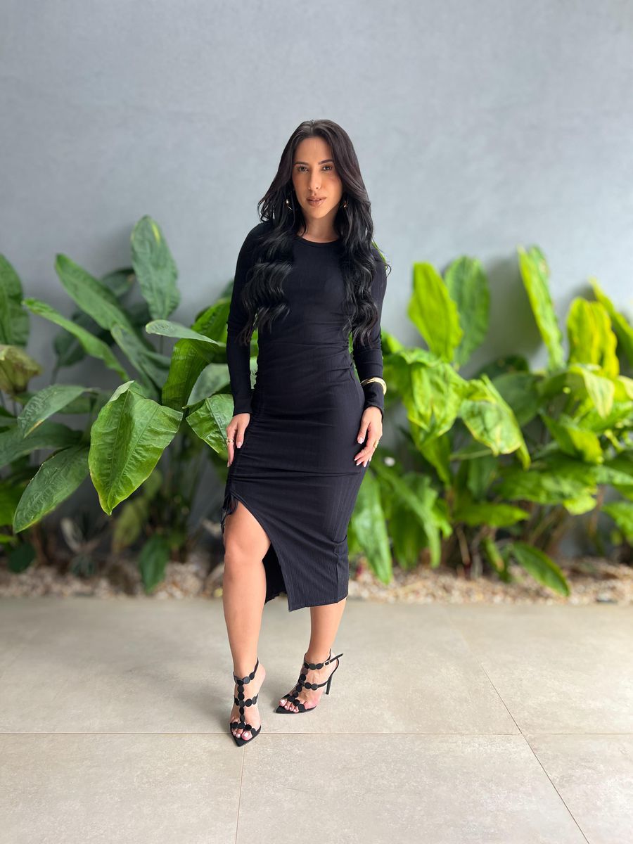 Vestido Midi Kauany Manga Longa em Malha Ribana PRETO