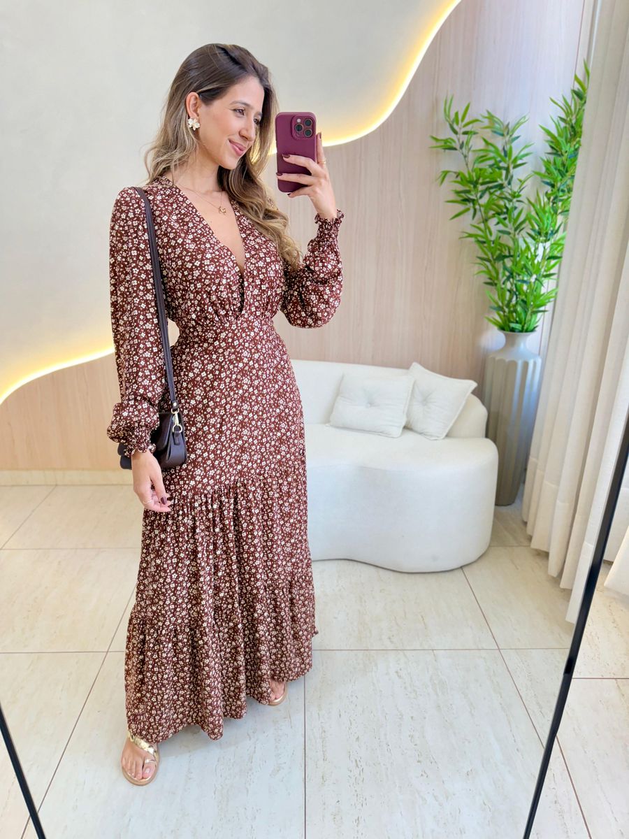 VESTIDO MANGA LONGA VALENTINA MARROM/OFF