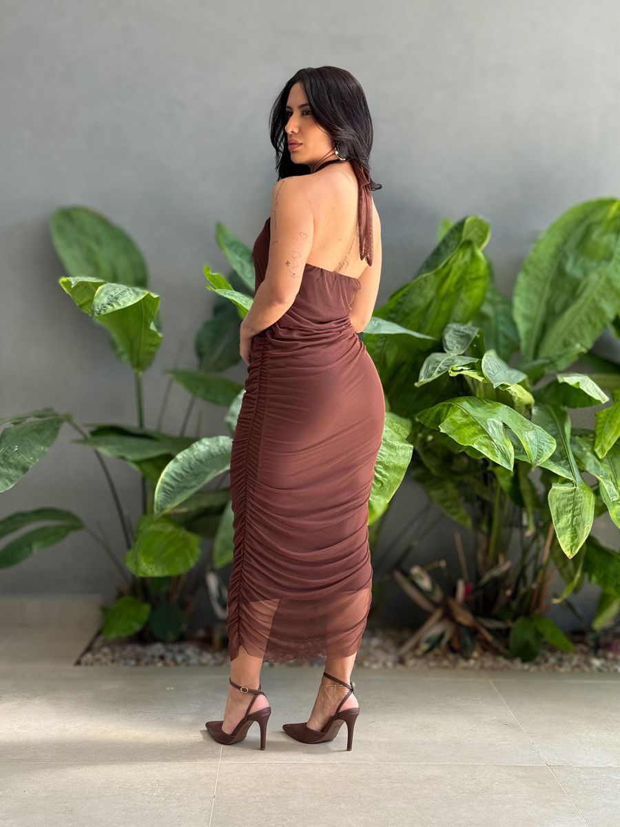 Vestido Midi em Tule MARROM