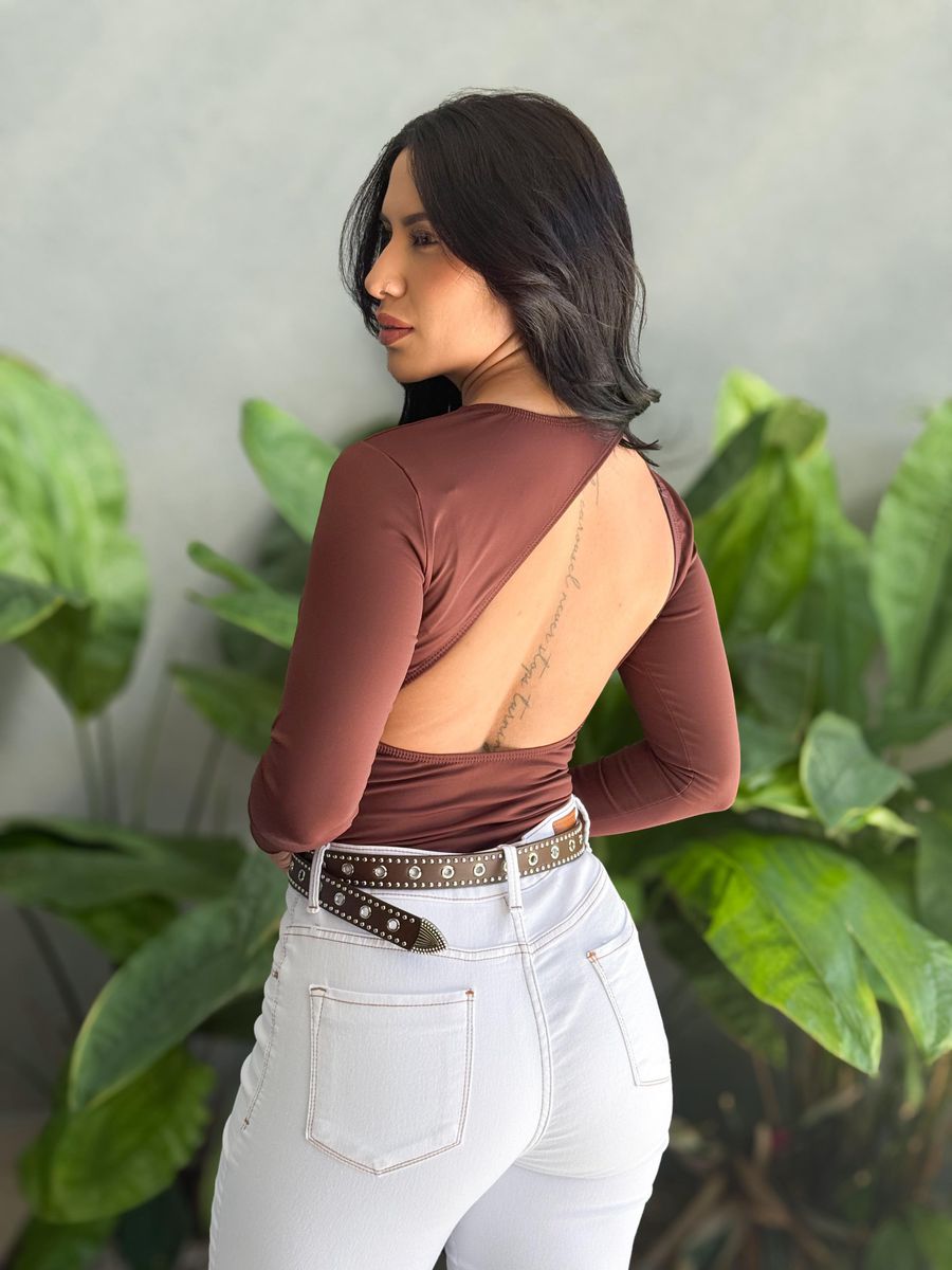Body Elisa Manga Longa Decote nas costas MARROM CHOCOLATE