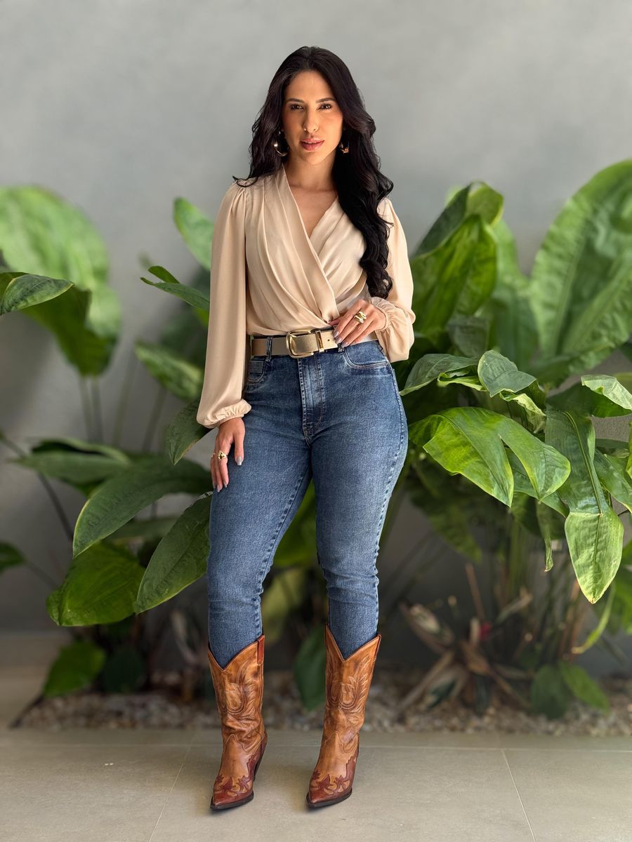 Body Manga Longa em Crepe Gola V BEGE CLARO