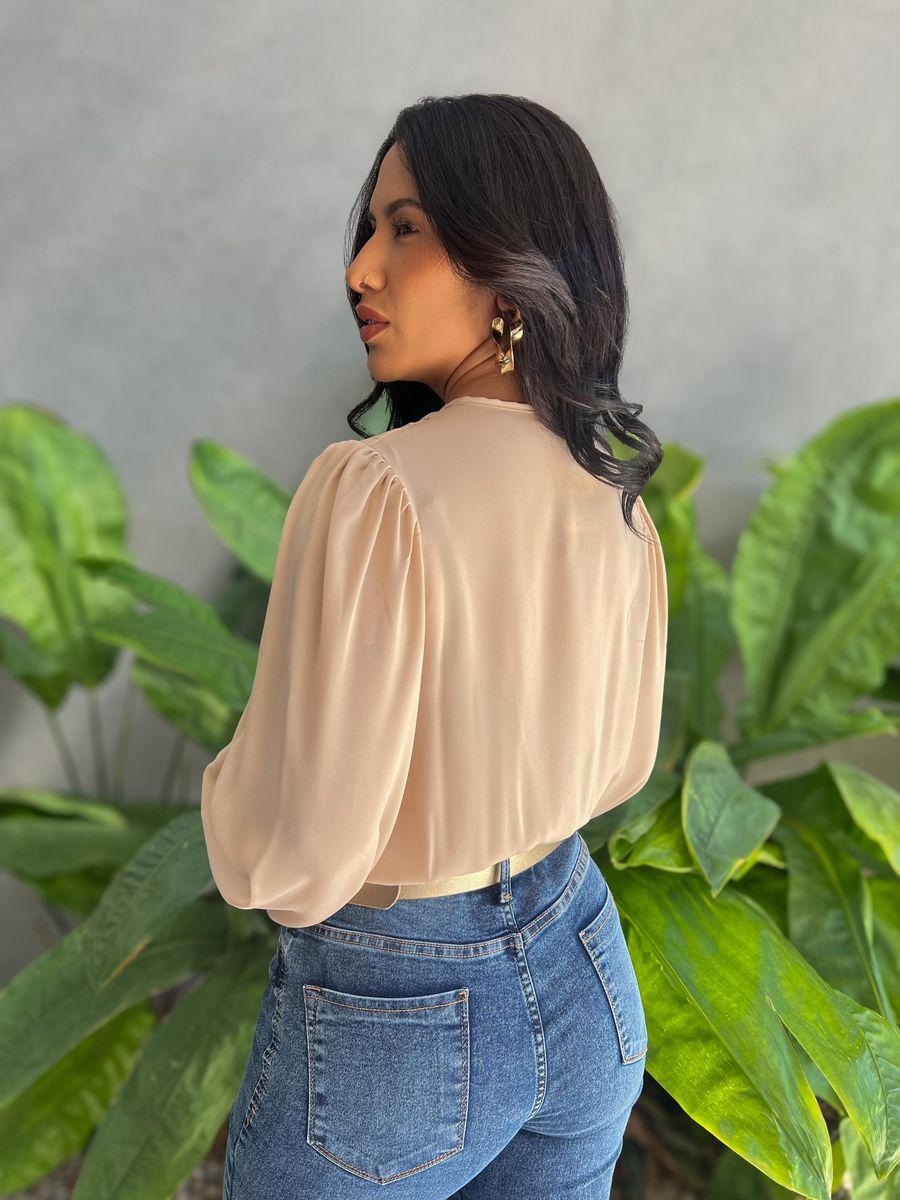 Body Manga Longa em Crepe Gola V BEGE CLARO