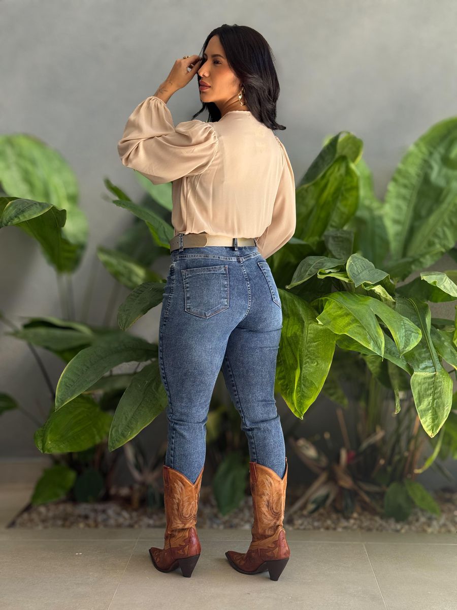 Body Manga Longa em Crepe Gola V BEGE CLARO
