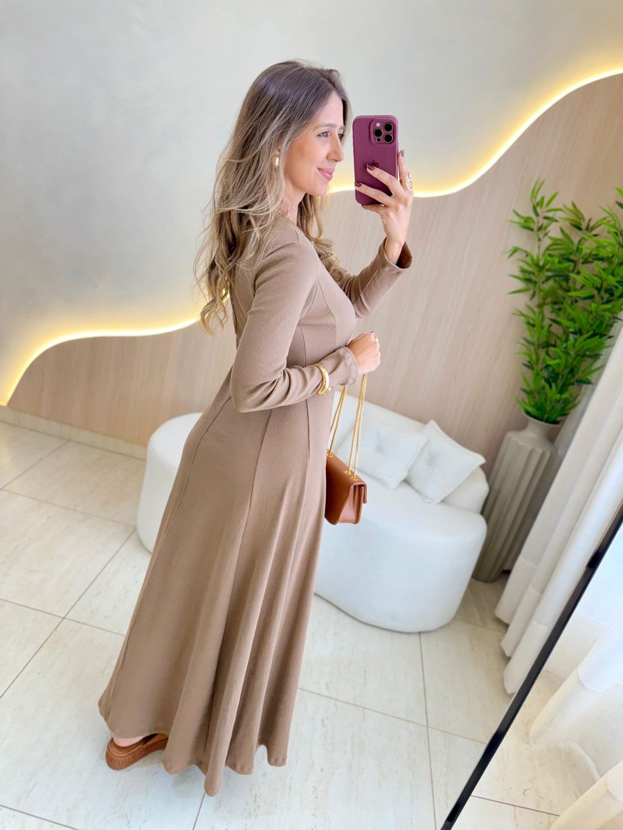 VESTIDO YASMIN CANELADO MANGA LONGA MARROM CLARO