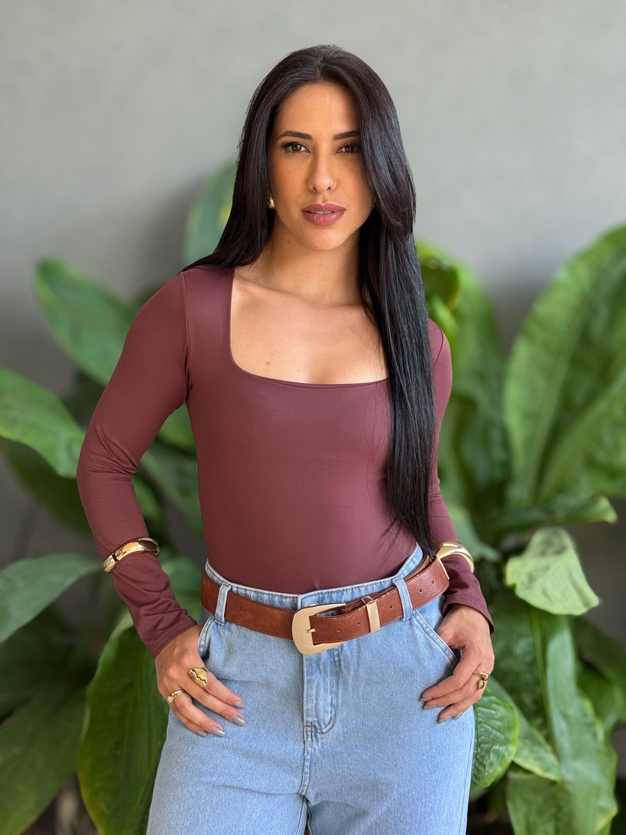 Body Serena Manga Longa Decote Quadrado MARROM CHOCOLATE