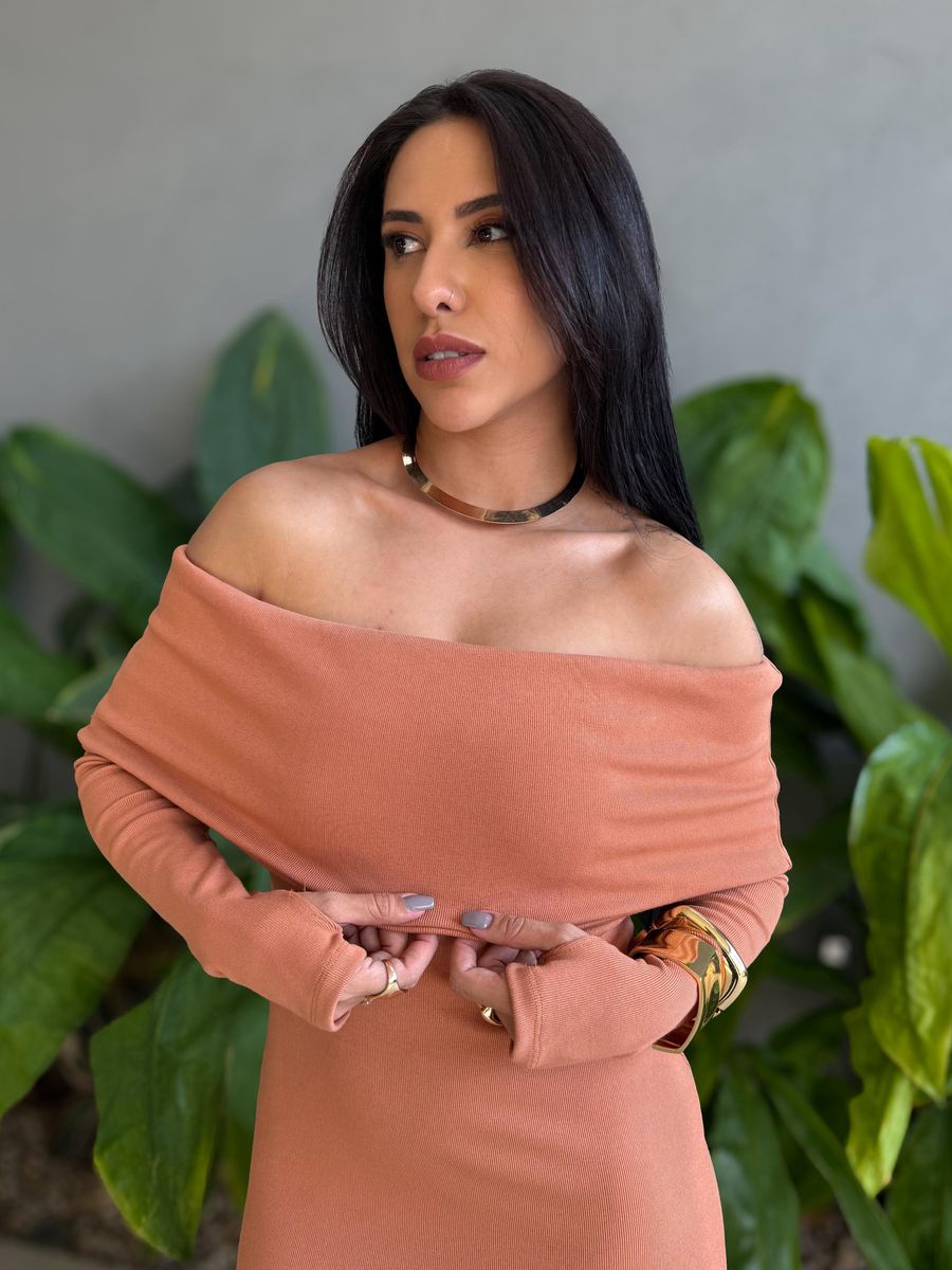 Vestido Milena Ombro a Ombro Malha Ribana Premium CAPUCCINO