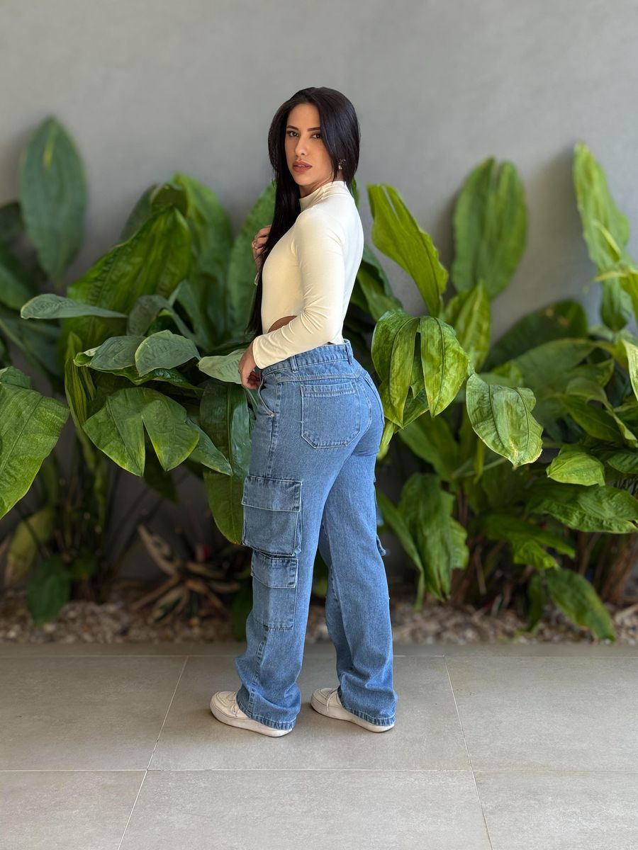 Calça Jeans Wide Legg Cargo Cherry 544 LAVAGEM MEDIA 